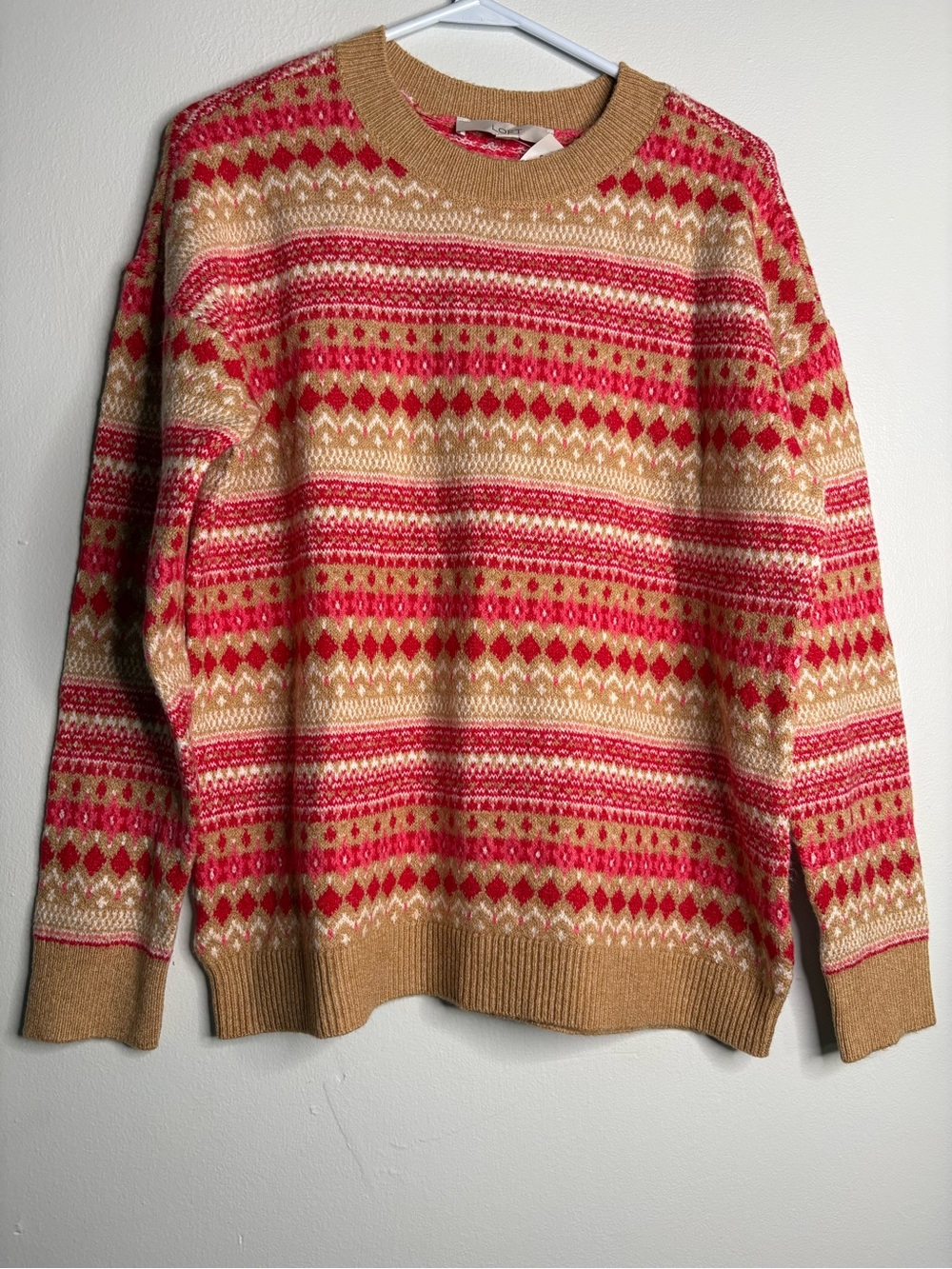 LOFT Women’s Crewneck Sweater in Red and Tan